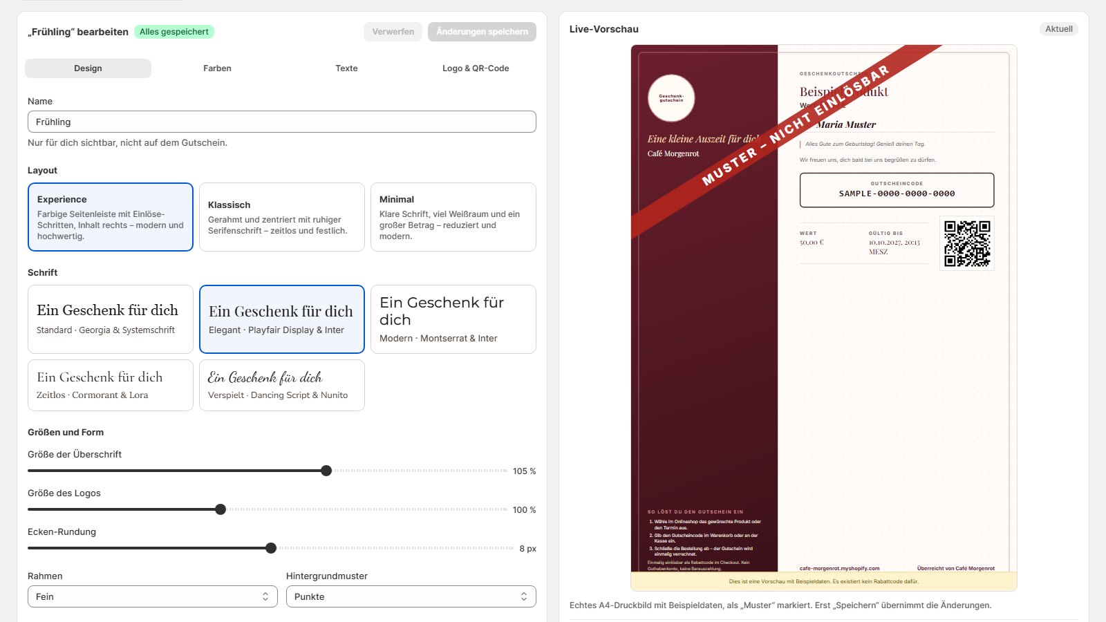Vorlagen-Editor mit Schriften, Farben und Live-Vorschau