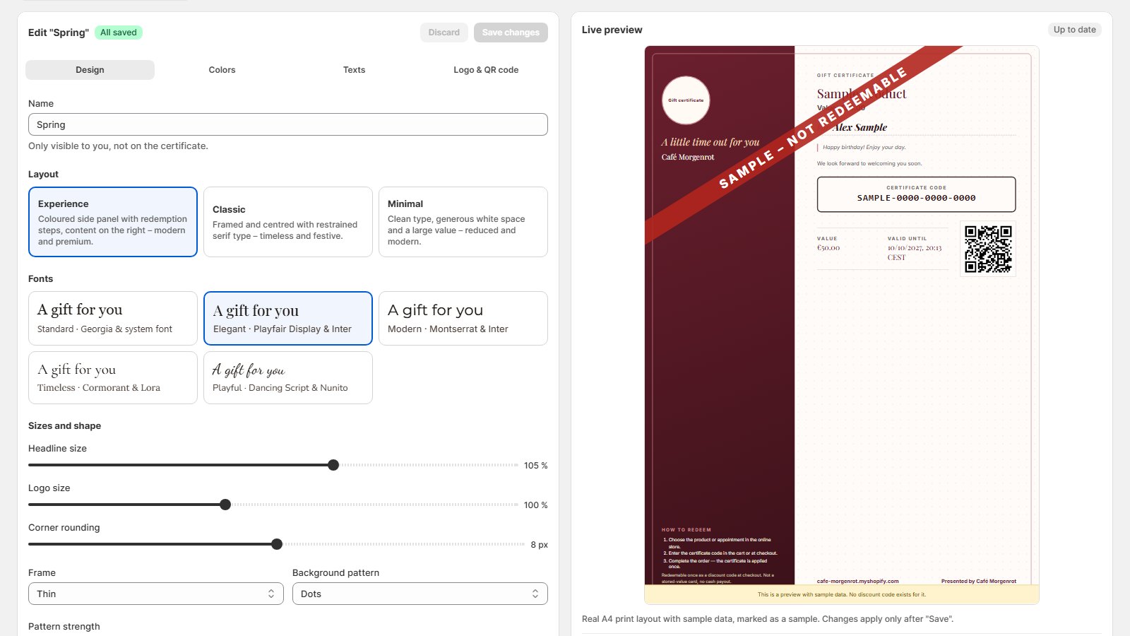 Template editor with fonts, colours and live preview